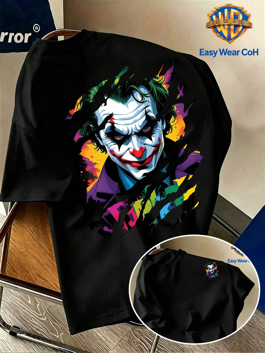 Warner Bros. Official Versatile New Men's Short-Sleeve T-Shirt, DC Joker Torn Claw Mark Effect Creative Pattern Print, DC Joker IP Trendy Men's Short-Sleeve Top, Strong Atmospheric Appeal, Unique Design, Comfortable and Skin-Friendly Fabric - Black