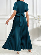 Women'S Solid Lantern Sleeve Ruffled Elegant Long Dress, Spring/Summer - Peacock Blue