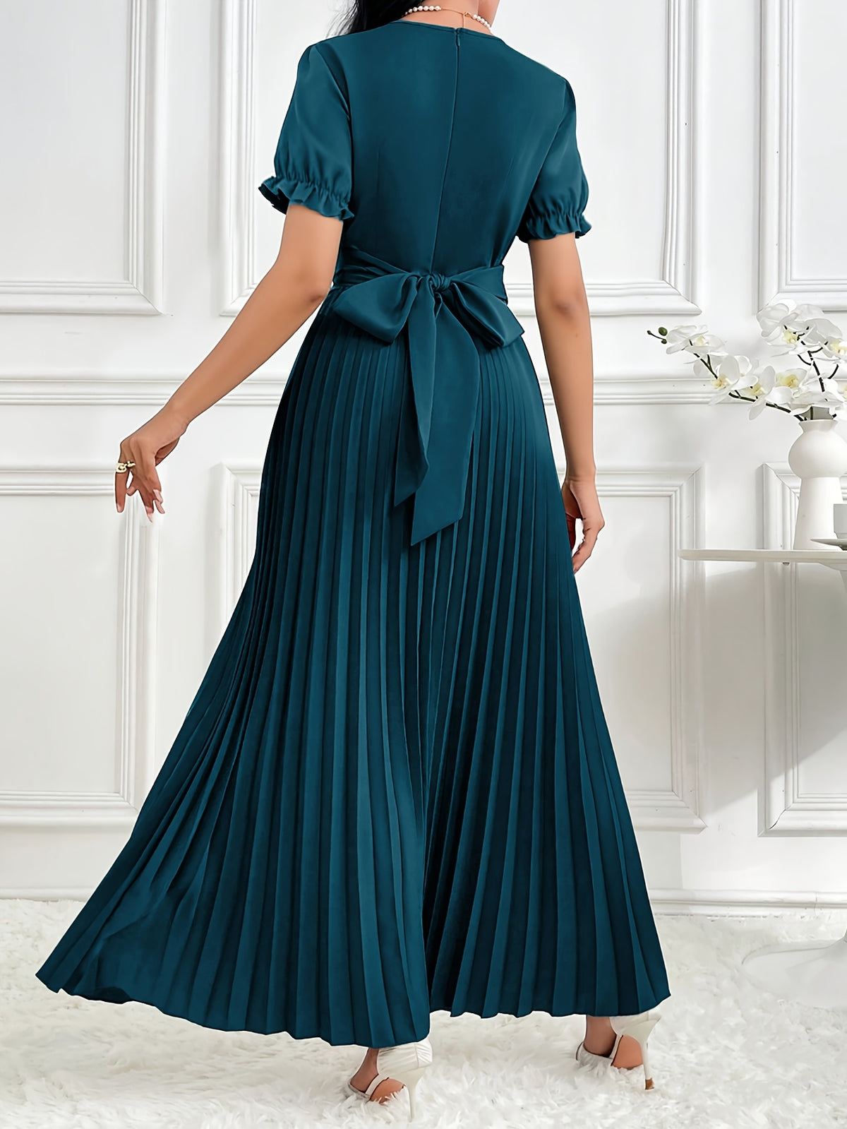 Women'S Solid Lantern Sleeve Ruffled Elegant Long Dress, Spring/Summer - Peacock Blue