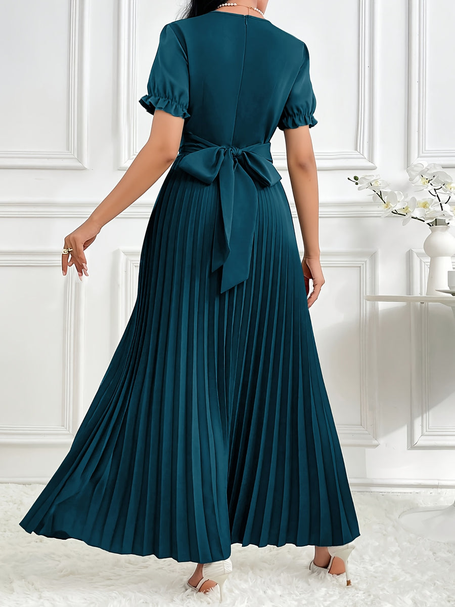 Women'S Solid Lantern Sleeve Ruffled Elegant Long Dress, Spring/Summer - Peacock Blue