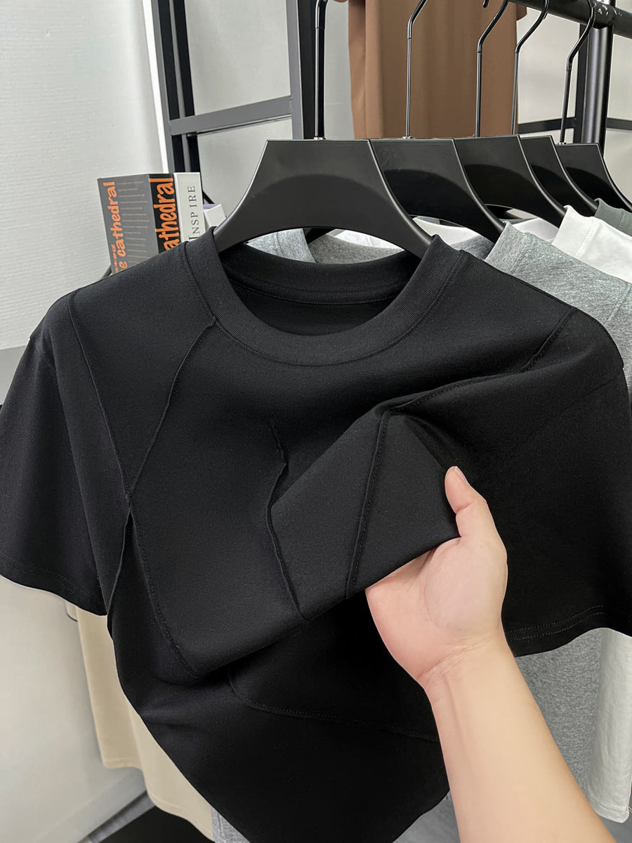 Men'S Spring Summer New Solid Stripe Cross Design Sense No Print Light Luxury Atmospheric Mid-Aged Men'S T-Shirt Short Sleeve Trendy Fashion Easy Style Fashionable Short T-Shirt Premium Comfortable Skin-Friendly Thin Cool Breathable Men'S Pure Offic - Black