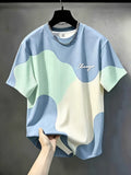 Ins Style Easy Versatile Round Neck Short Sleeve Top, Irregular Wave Color Block Chicago Letter Print Design, Fashionable Thin Breathable T-Shirt, Machine Washable Casual Short Sleeve Top - Mixed colors