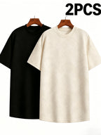 2pcs Men'S Solid Color Summer Easy Trendy Casual Top - (Black And Apricot) Combination, Round Neck T-Shirt, Suitable for Husband, Father'S Day Gift - Black + Apricot