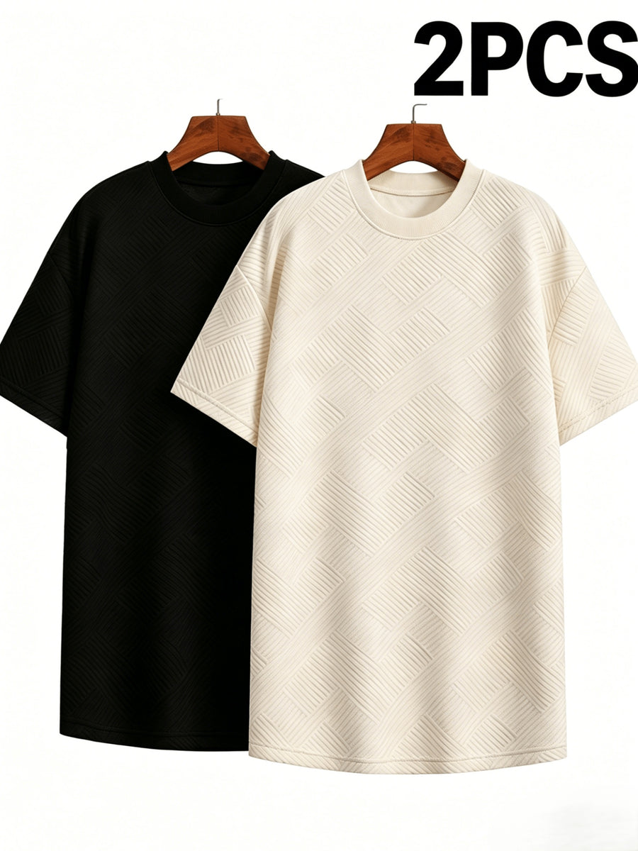 2pcs Men'S Solid Color Summer Easy Trendy Casual Top - (Black And Apricot) Combination, Round Neck T-Shirt, Suitable for Husband, Father'S Day Gift - Black + Apricot