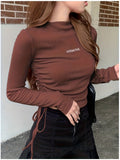 Brown Letter Drawstring Slim Fit Long Sleeve T-Shirt for Women - Coffee Brown