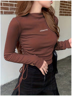 Brown Letter Drawstring Slim Fit Long Sleeve T-Shirt for Women - Coffee Brown