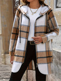 Plus Size, Plus Size Plaid Hooded Zip-Up Jacket - 【Brown】