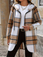 Plus Size, Plus Size Plaid Hooded Zip-Up Jacket - 【Brown】