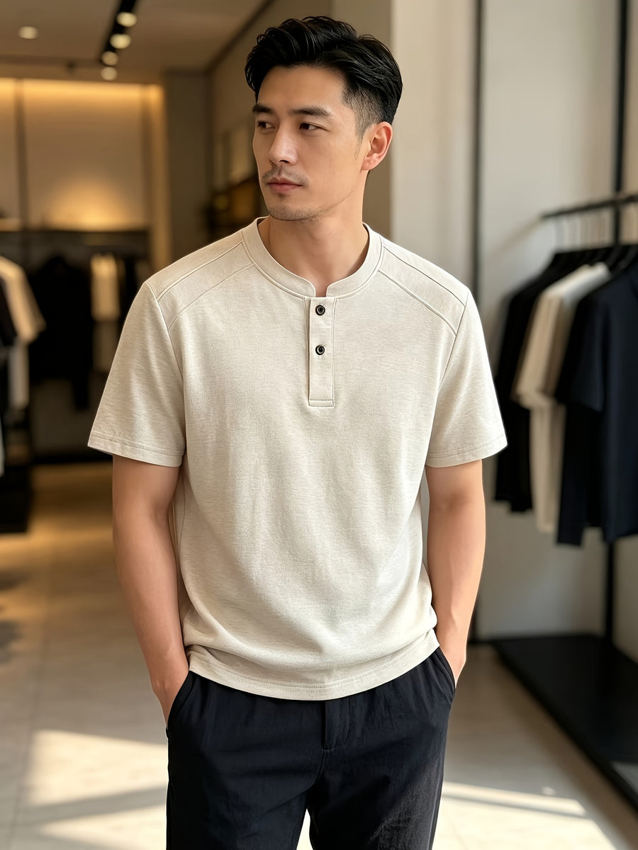 Men'S Solid Black Split Shoulder Mandarin Henley Collar Short Sleeve Top, Summer Office Daily Commute Golf City Street Outfit, Stretch Wrinkle Resistant Cooling Breathable 2-Button Tee, Middle-Aged Gentleman Business Casual Outfit, Minimalist Stand - Beige Color