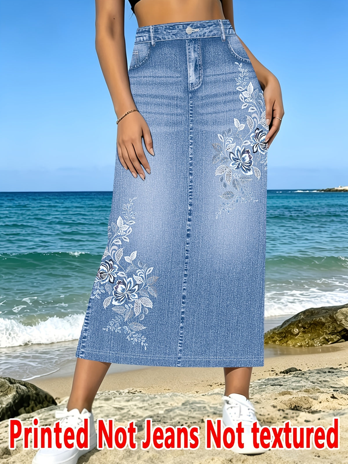 [Printed Skirt - Not Denim Fabric]Non-Denim Fabric, Denim Print Spring/Summer New Women'S Non-Denim Fabric Non-Denim Printed Skirt High Waist Casual Versatile Skirt - Imitation Denim Print Blue