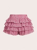 Casual Low-Waist Plaid Bodycon Ruffled Women'S Ultra-Short Shorts Back to Clothes Easy Daily - Red