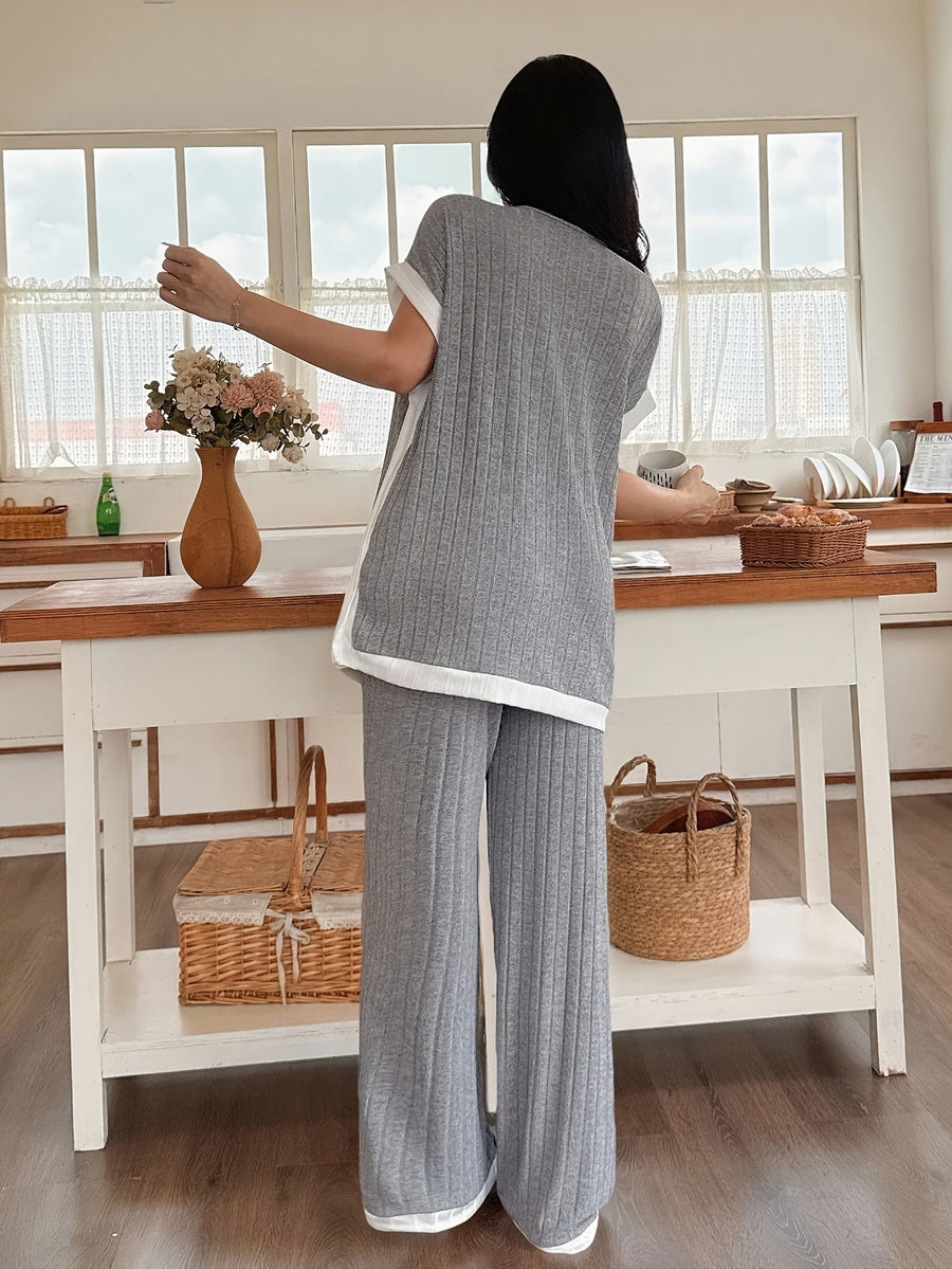 Women's Casual Color Block V-Neck Short Sleeve Top and Loose Pants Set, Elegant Spring/Summer Outfit, All-Season Loungewear - Grey