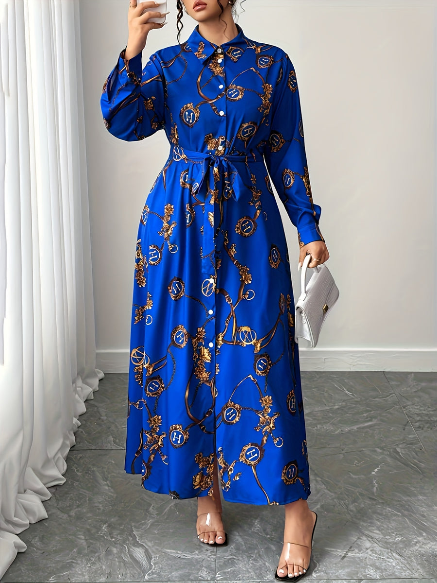 Women'S Vintage Long-Sleeve Single-Breasted Elegant Printed Belted Dress, Suitable for Bridesmaids - Blue Navy