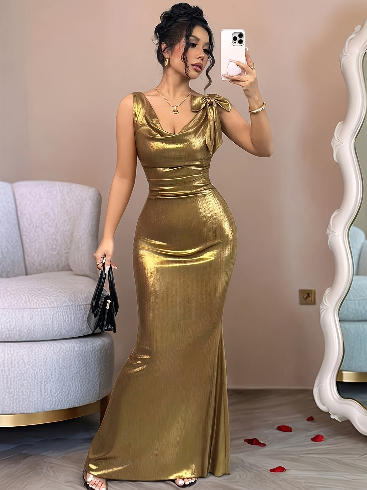 Women'S Solid Dark Neck Metal Long Tail Asymmetrical Hem Bridesmaid Dress - Golden