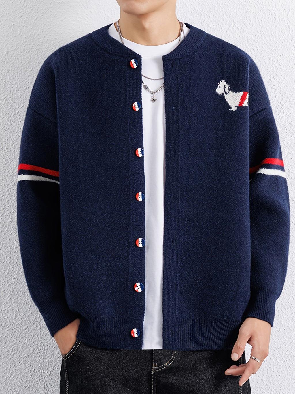 Du Jing Lan OBM 1pc Autumn/Winter New Arrival Men's Knitted Cardigan, Old Money Style Textured Contrast Color Crew Neck Single-Breasted Open Front Long Sleeve Knitted Cardigan Base Layer Top, Men's Casual Fashion, Suitable for Autumn and Winter Wear - Purplish Blue