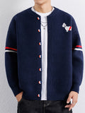 Du Jing Lan OBM 1pc Autumn/Winter New Arrival Men's Knitted Cardigan, Old Money Style Textured Contrast Color Crew Neck Single-Breasted Open Front Long Sleeve Knitted Cardigan Base Layer Top, Men's Casual Fashion, Suitable for Autumn and Winter Wear - Purplish Blue