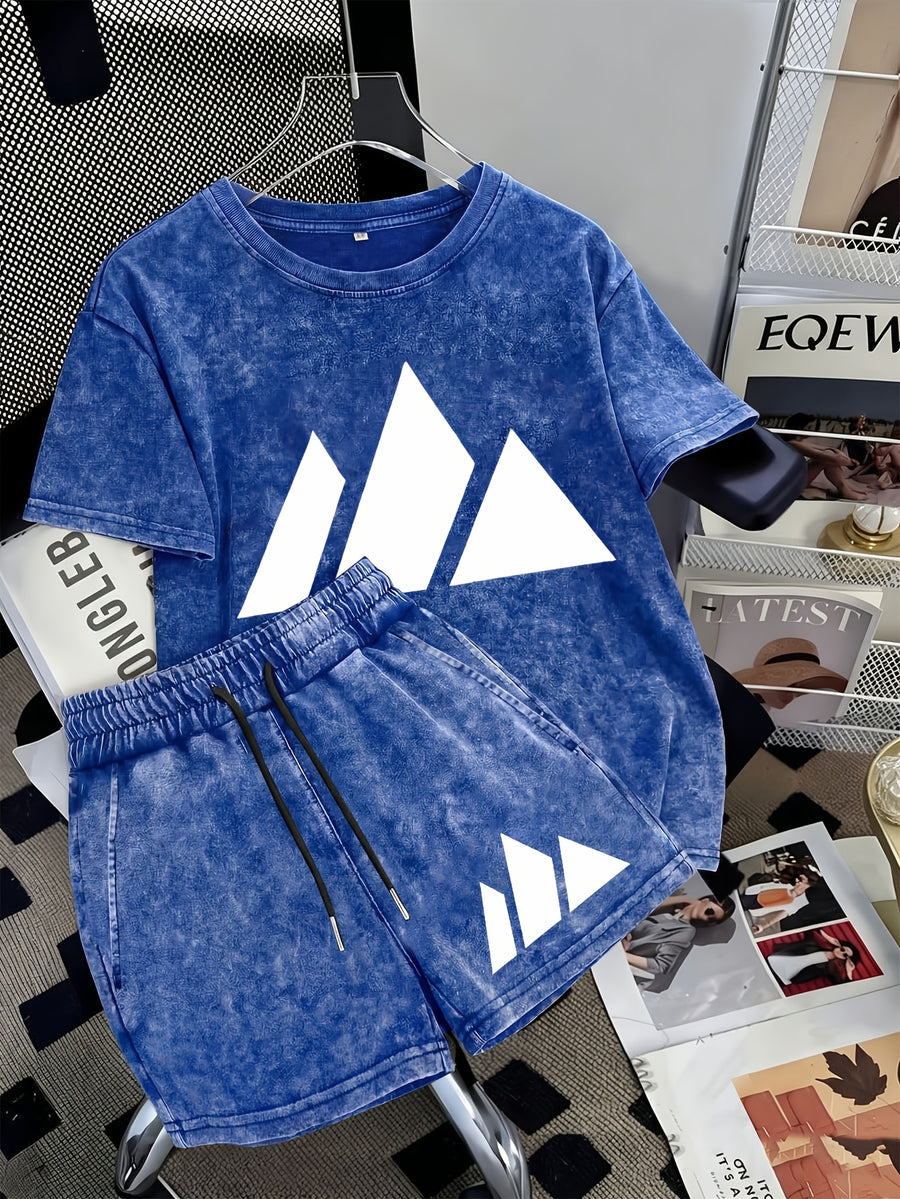 Summer Trendy Distressed Washed Short Sleeve Shorts Drawstring Women's Set, Minimalist Mountain Peak Line Drawing Print, Minimalist Outdoor Style, Artistic and Fresh Style, Forest-Inspired Natural Style, Comfortable for Hot Weather - Royal Blue