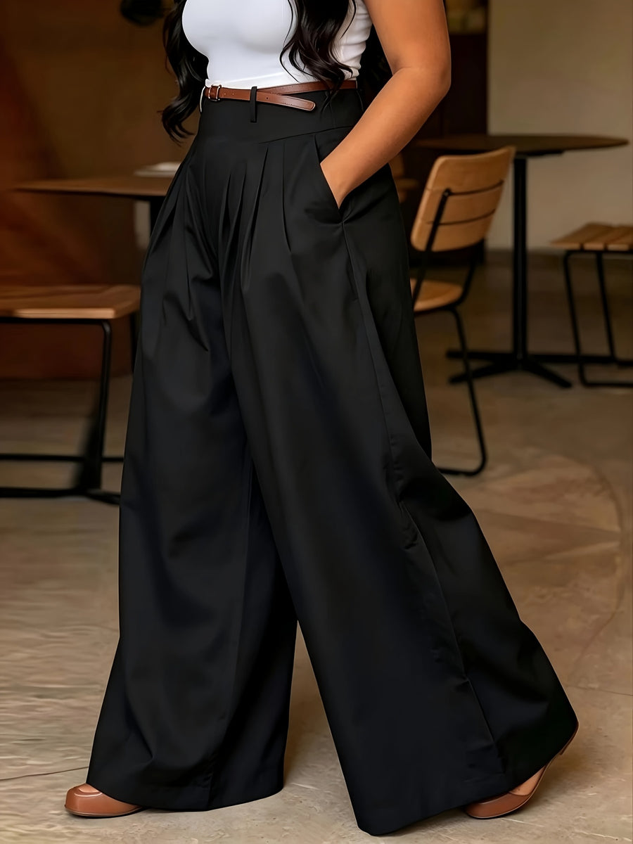 Women's Elastic High-Waisted Loose Fit Casual Trousers with Belt - Black