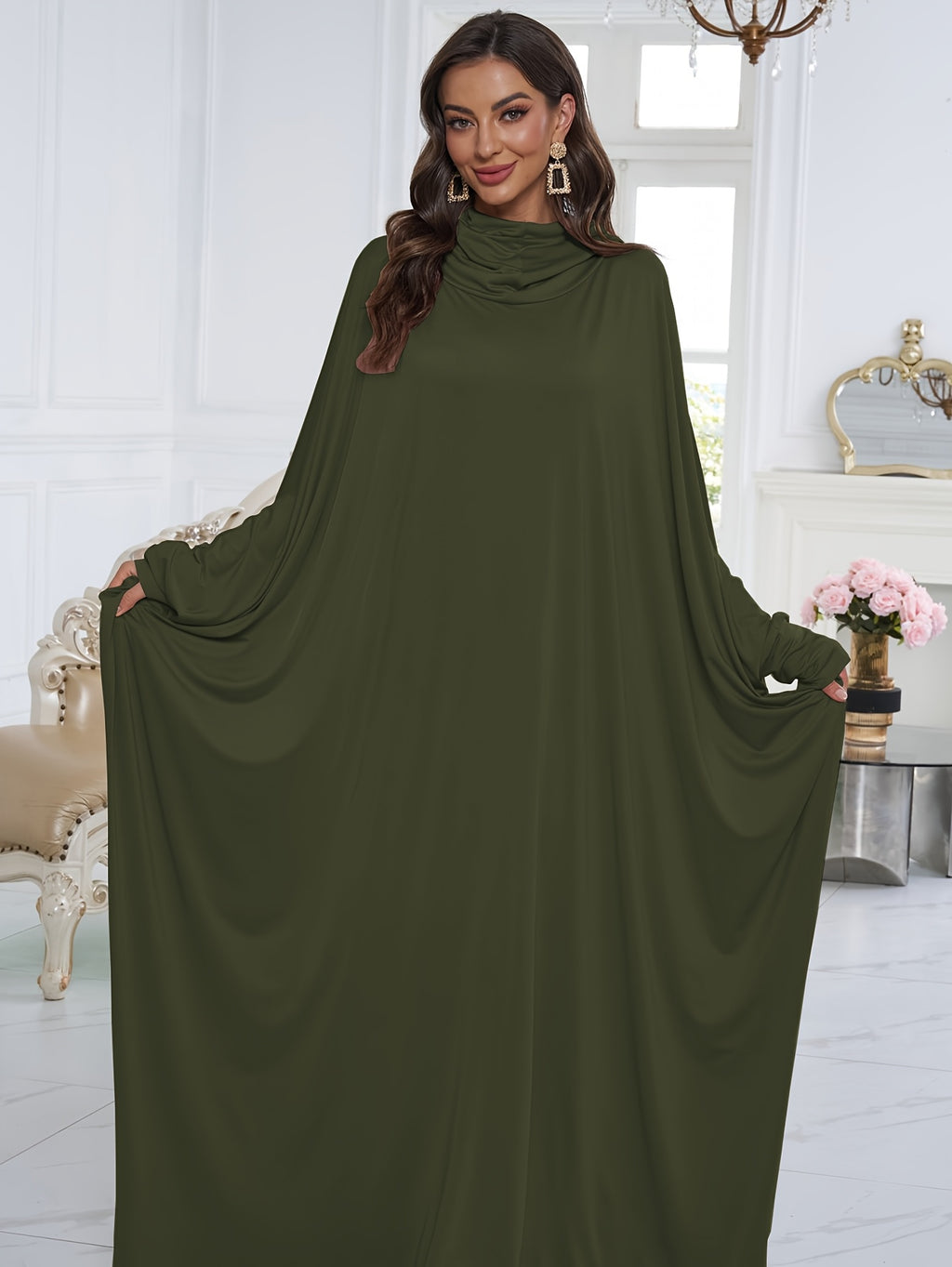 1pc Elegant And Fashionable Hooded One-Piece Abaya Été Abaya Femme Women Abaya Muslim Dress Robe Été Abaya Femme Prayer Jilbab - Olive Green