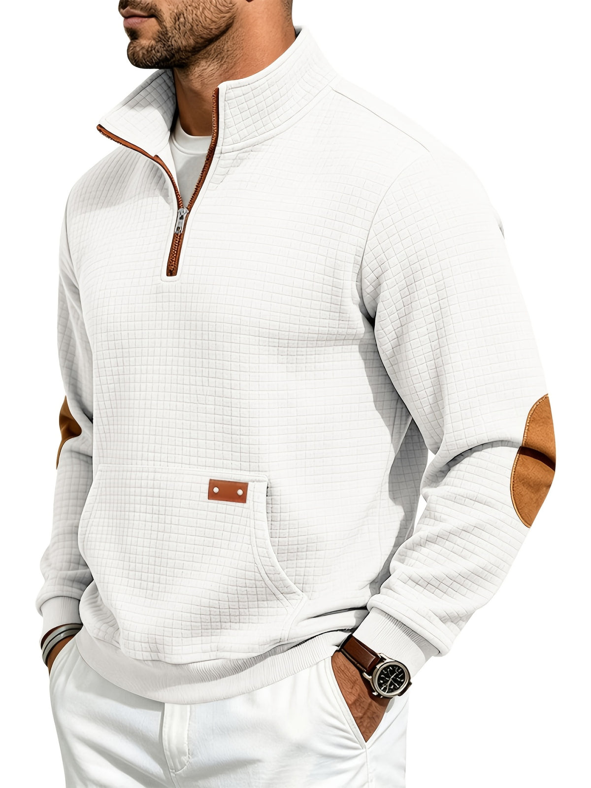 Men's Waffle Knit Casual Loose-Fit Long Sleeve Color-Block Stand Collar Half-Zip Autumn/Winter Sweatshirt - White