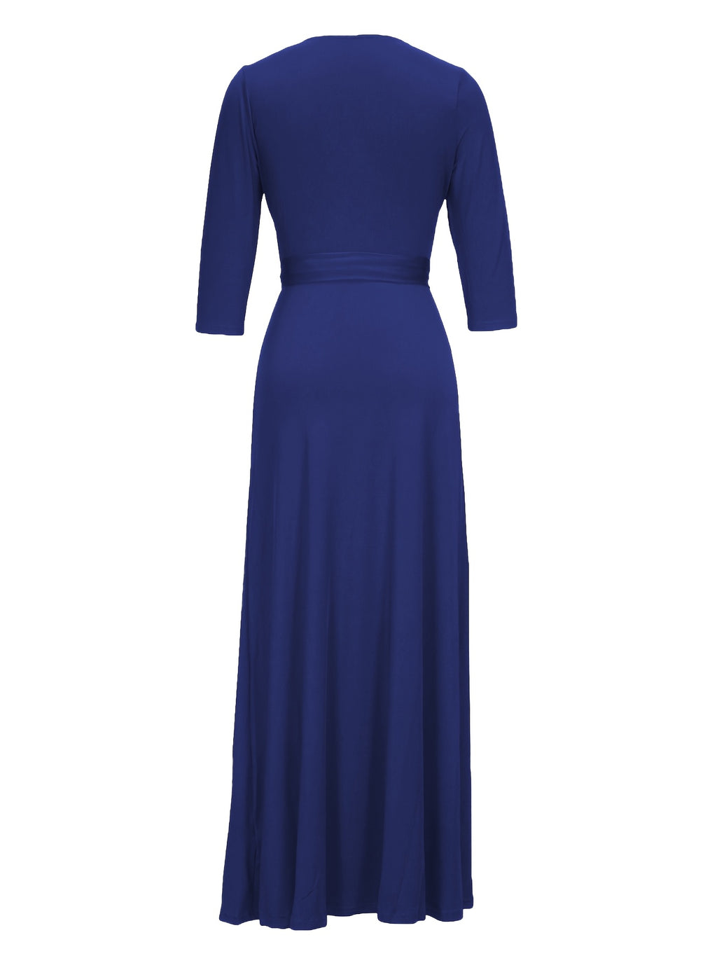 Western Fashion Solid Color V-Neck Women'S Dress Elegant Long Dress with Belt - Blue