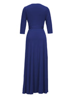 Western Fashion Solid Color V-Neck Women'S Dress Elegant Long Dress with Belt - Blue