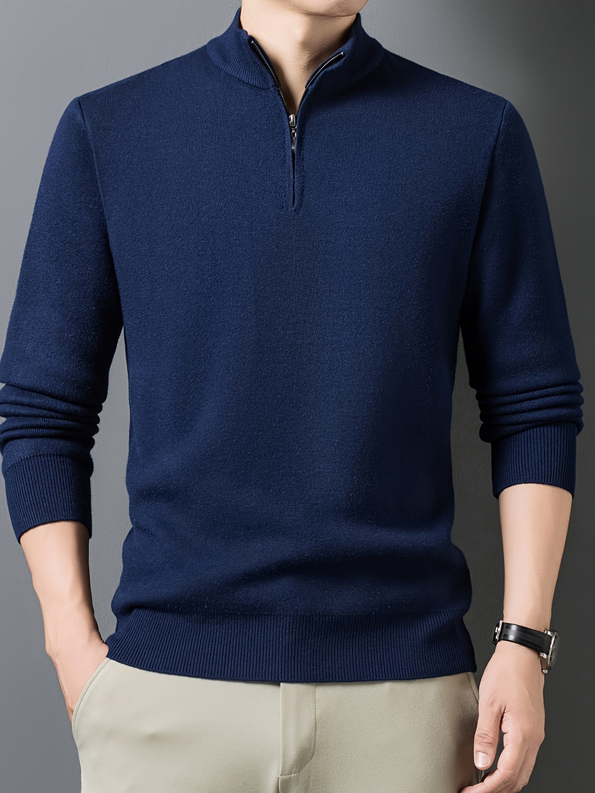 1pc Men'S Solid Color Small Stand Collar Knit Pullover Autumn Winter Zipper Casual Fleece Warm Top - Navy Color