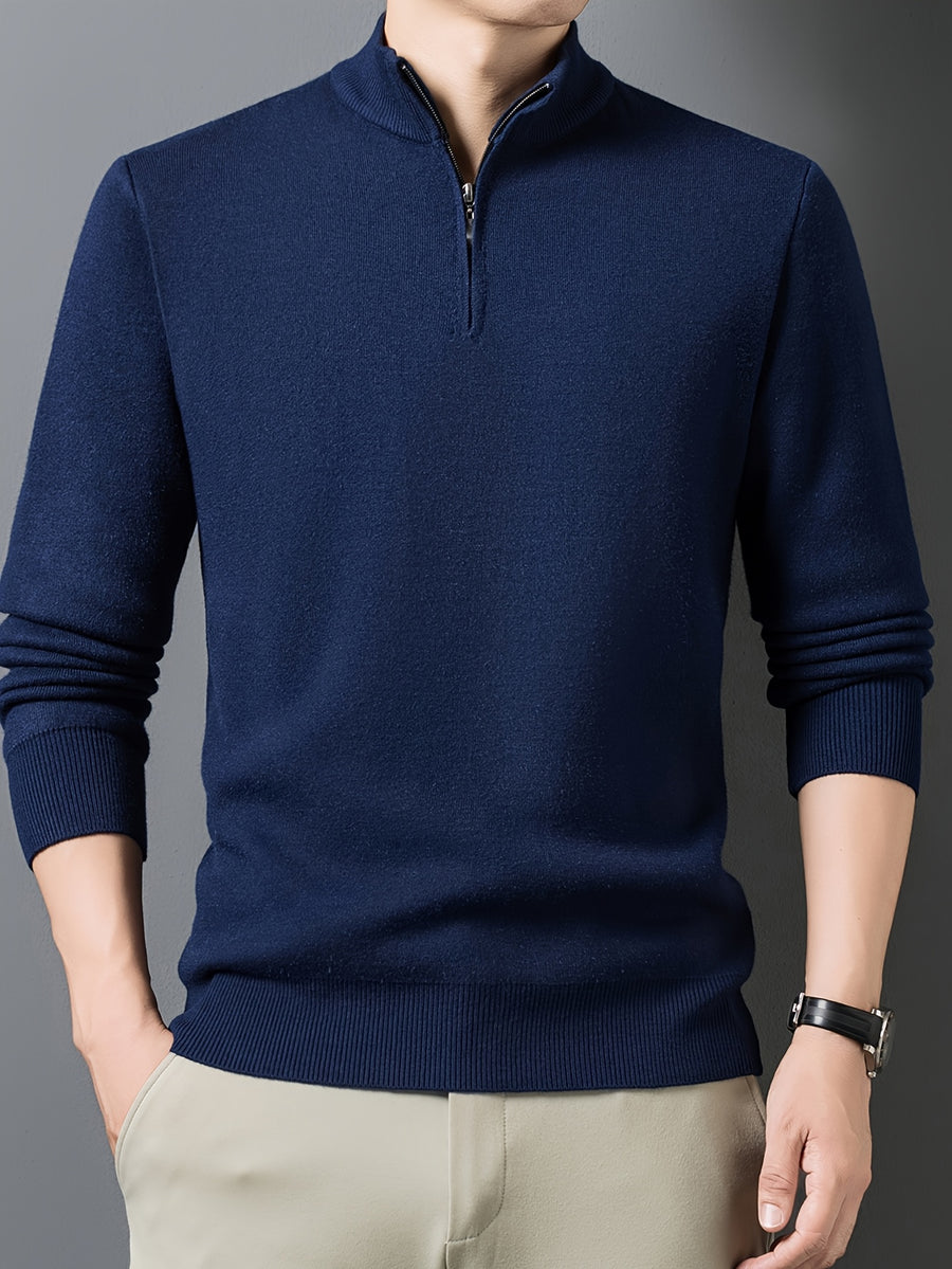 1pc Men'S Solid Color Small Stand Collar Knit Pullover Autumn Winter Zipper Casual Fleece Warm Top - Navy Color