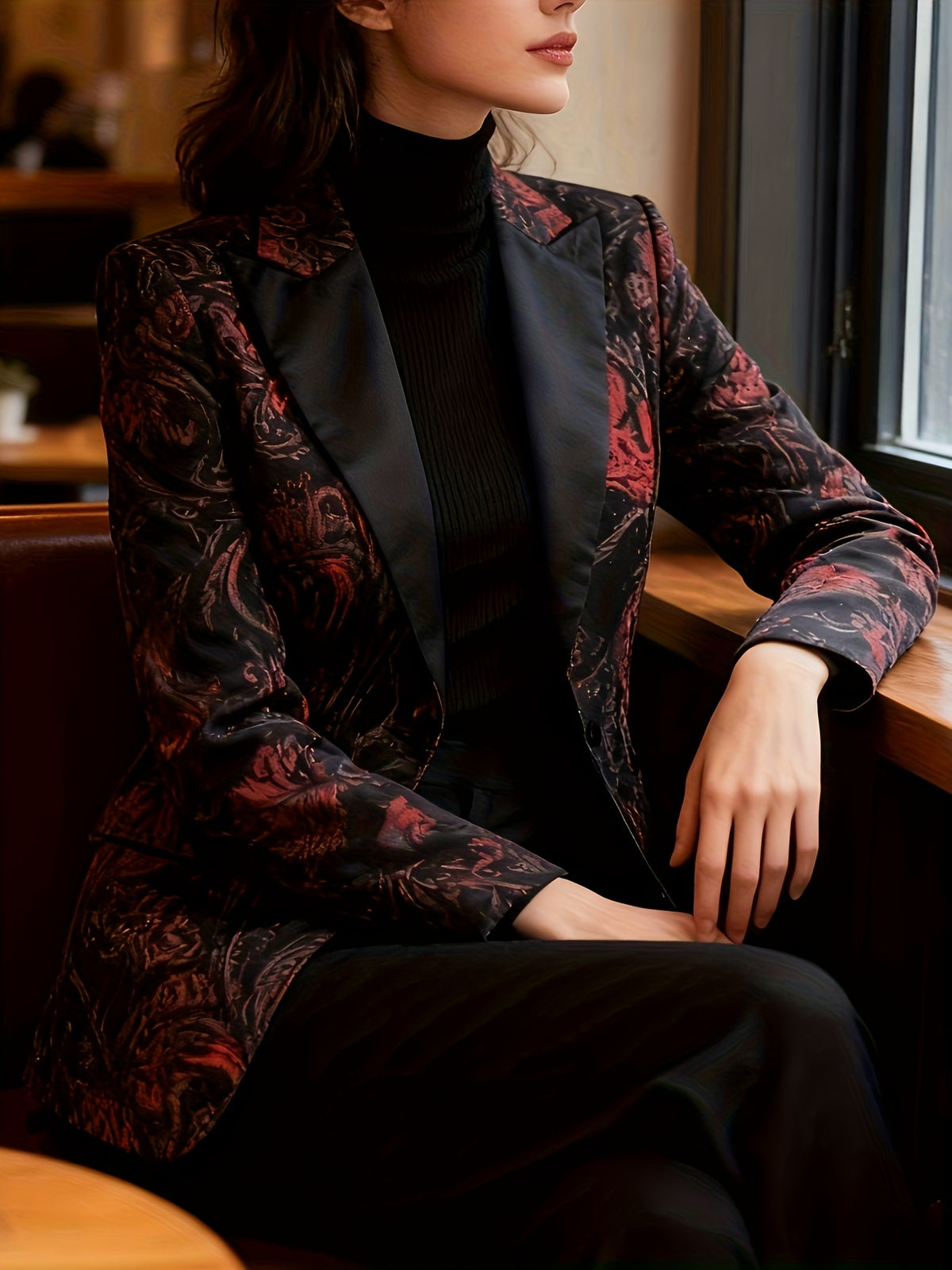 Elegant Red and Black Print Slim-Fit Blazer for Women - Red-Black
