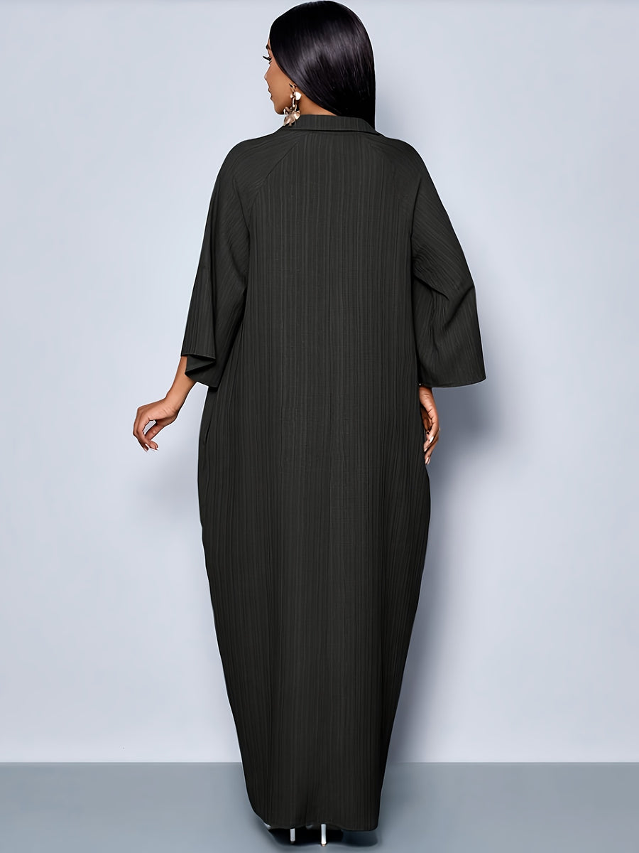 Spring Summer Women'S Fashion Elegant V-Neck Loose Batwing Sleeve Beltless One-Piece Dress - Black