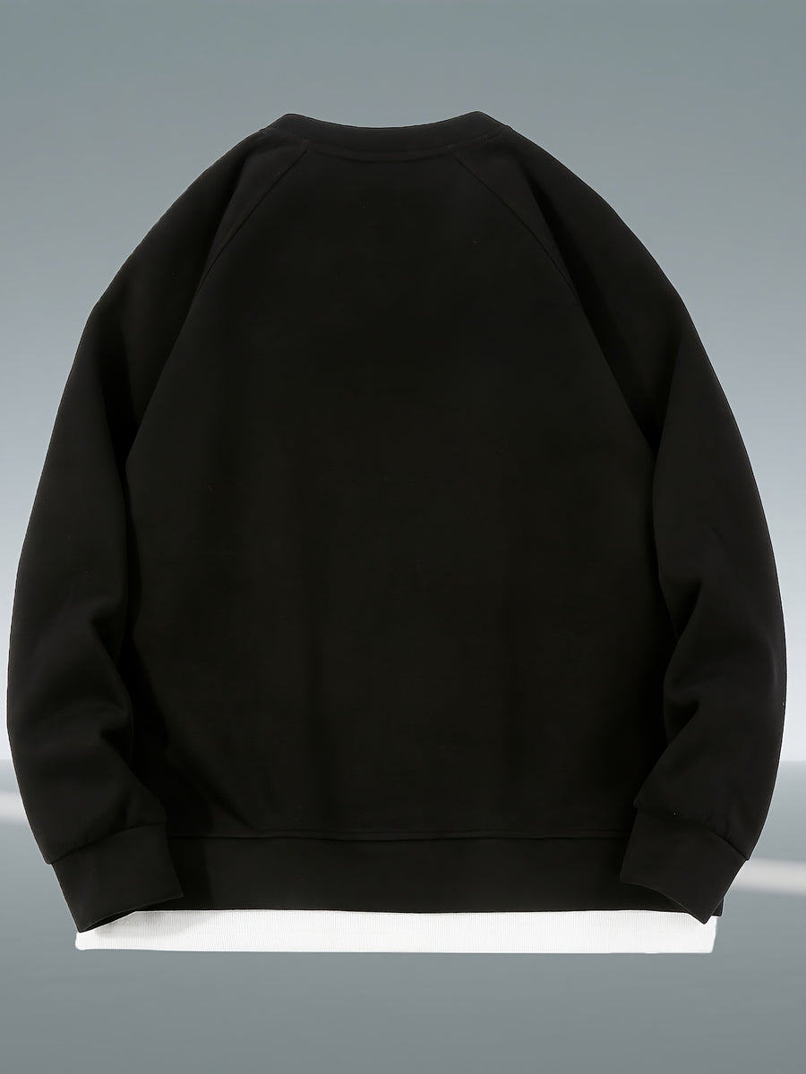 Autumn And Winter New Men'S Heavyweight 350G Fake Two-Piece Crew Neck Sweatshirt, Fashionable Raglan Sleeve Versatile Pullover, Loose Blend 67% + 33% Fiber Sports Sweatshirt - Black