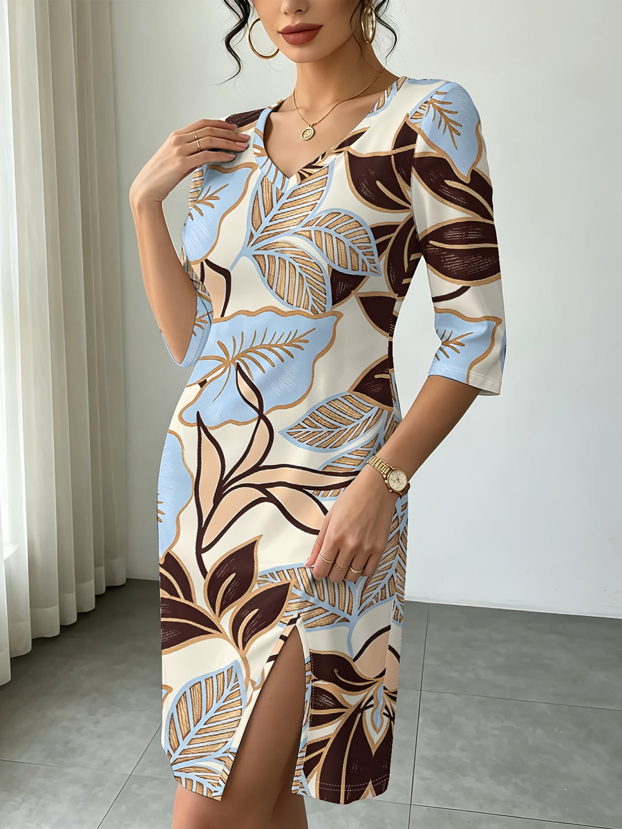 Vintage LeavesWomen Fall Winter V Neck Slit Dress, Daily Casual Gift Giving Party, Elegant Business Commute, Figure Flattering Trendy Digital Print. - Multicolor