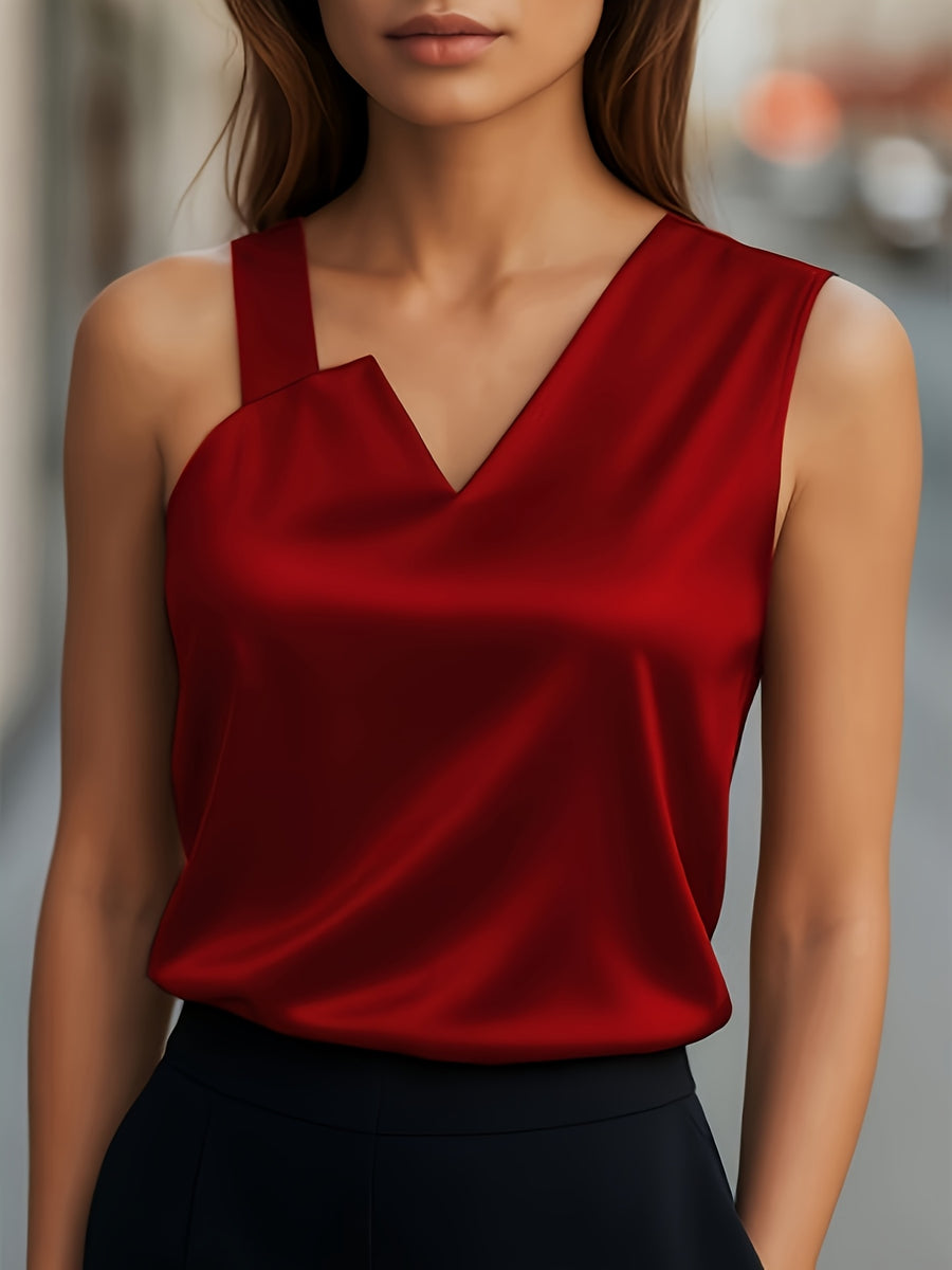 Women's Asymmetrical Spaghetti Strap Tank Top - Burgundy