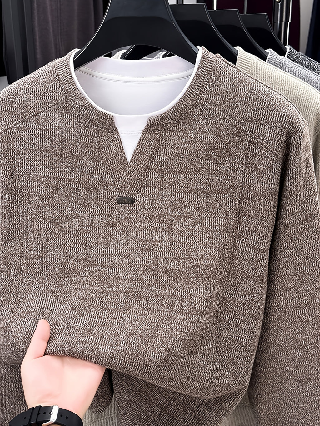 Men's 2-in-1 Look Knit Sweater, Old Money Style, Simple Business Casual, Suitable for Middle-Aged Men as a Spring/Autumn Inner Layer - SINBOS - Coffee Color