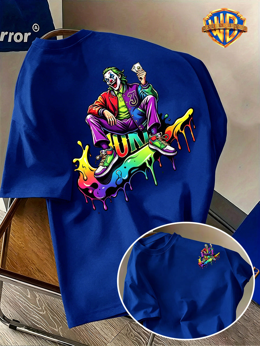 Halloween Back-To-School Men'S Short Sleeve T-Shirt, Warner Bros. Official DC Joker Sitting Colorful Dripping Trendy Cartoon Print, All-Match Casual Spring Summer Regular Fit Top, Breathable And Skin-Friendly, Suitable for Daily Outings - Royal Blue