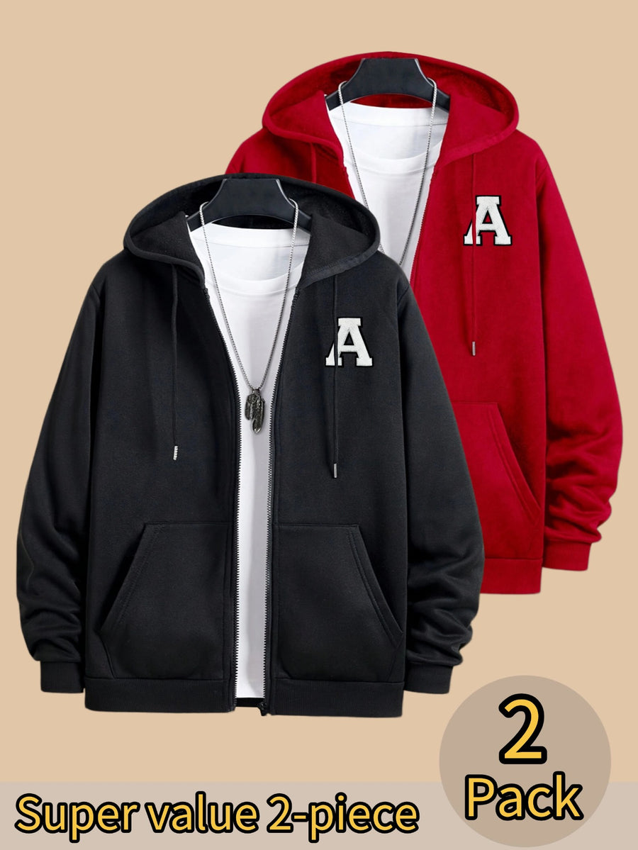 50% Cotton, 50% Polyester, 2-Pack Men's Zippered Hooded Fleece-Lined Sweatshirt, Men's Clothing, Long-Sleeve Fleece Jacket, Zippered Top, Hooded Sweatshirt, Pockets, Drawstring, Suitable for Outings, Casual Wear, Back-to-School Season - Black+red