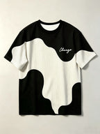 Men'S Casual Round Neck T-Shirt, Geometric Pattern Patchwork Striped Design, Chicago Word Pattern, Drapey Fashion Top, All-Season Wear, Breathable Regular Fit for Casual And Formal Outfits - Round Neck Casual Top - Black And White