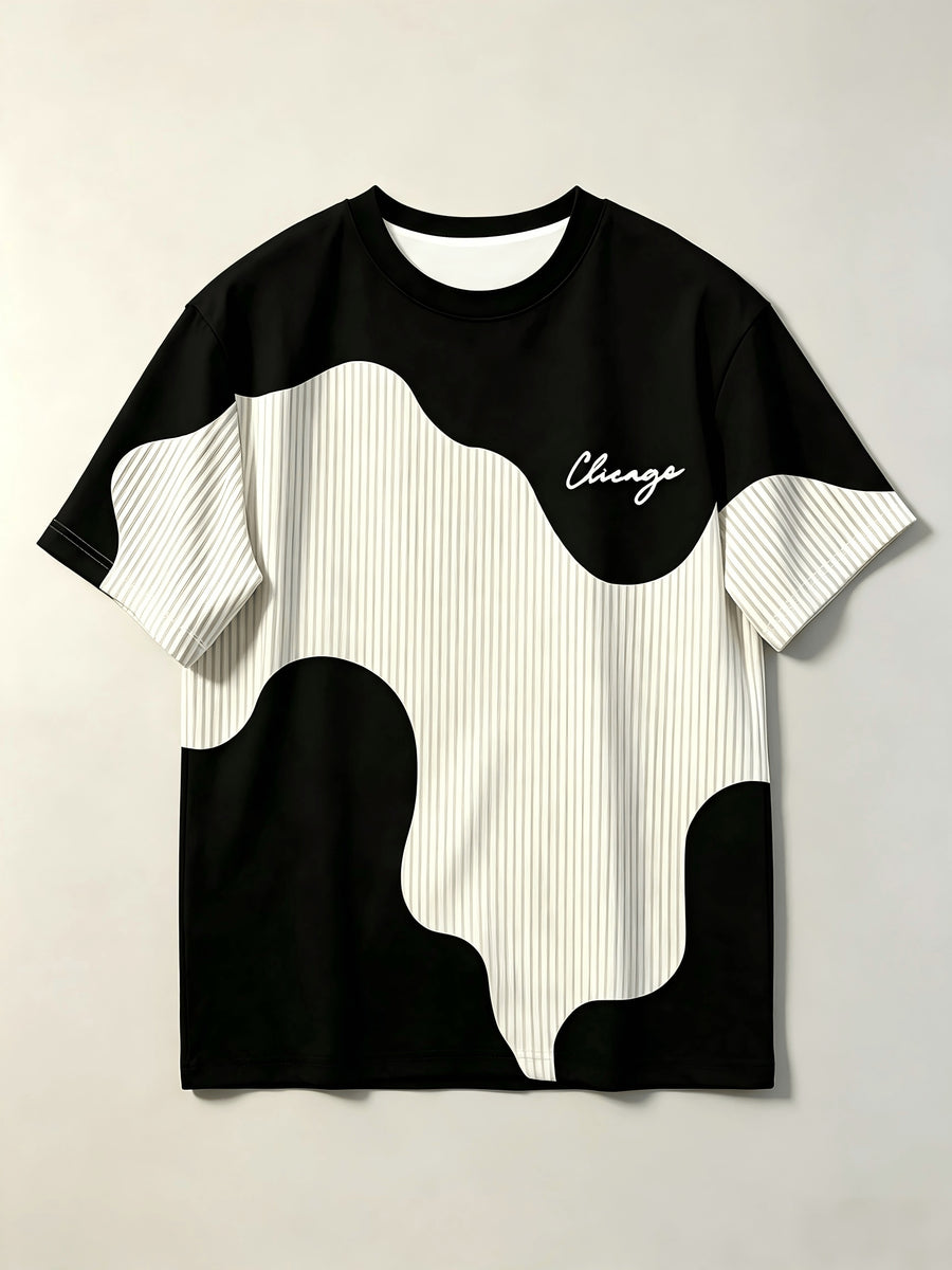 Men'S Casual Round Neck T-Shirt, Geometric Pattern Patchwork Striped Design, Chicago Word Pattern, Drapey Fashion Top, All-Season Wear, Breathable Regular Fit for Casual And Formal Outfits - Round Neck Casual Top - Black And White