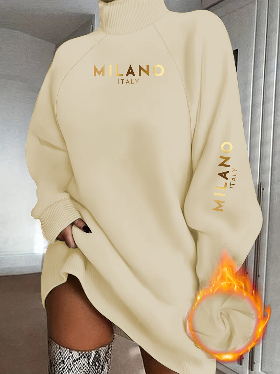 Women'S Elegant Turtleneck Sweater, Fall Winter Casual Fashion Sweatshirt, Printed with MLANO Design, Comfortable Fabric Loose Fit Long Sleeve Dress Top - Apricot