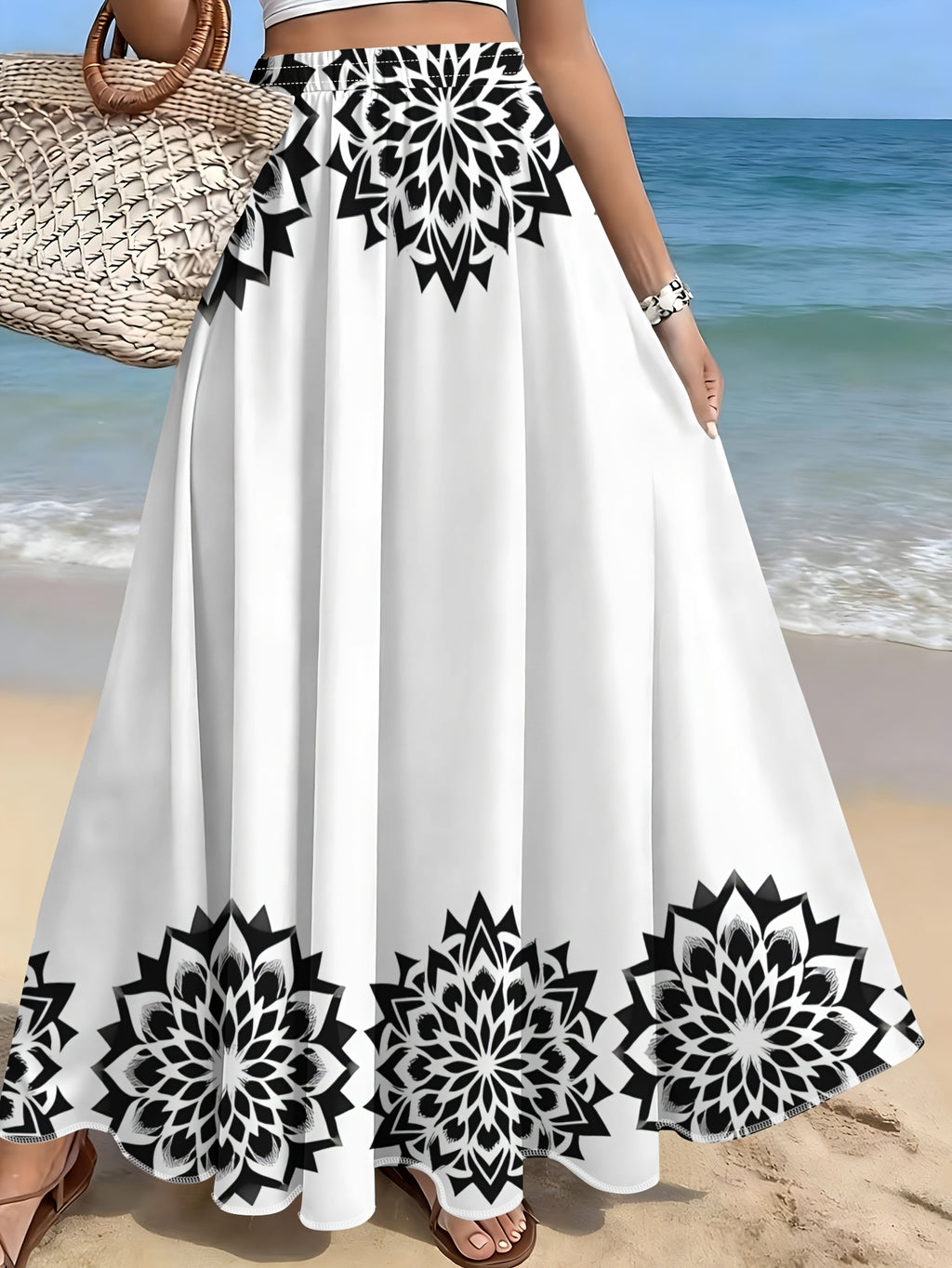 Black Golden Leaf Pattern Elegant Skirt, Summer Casual Vacation Style - Mixed colors