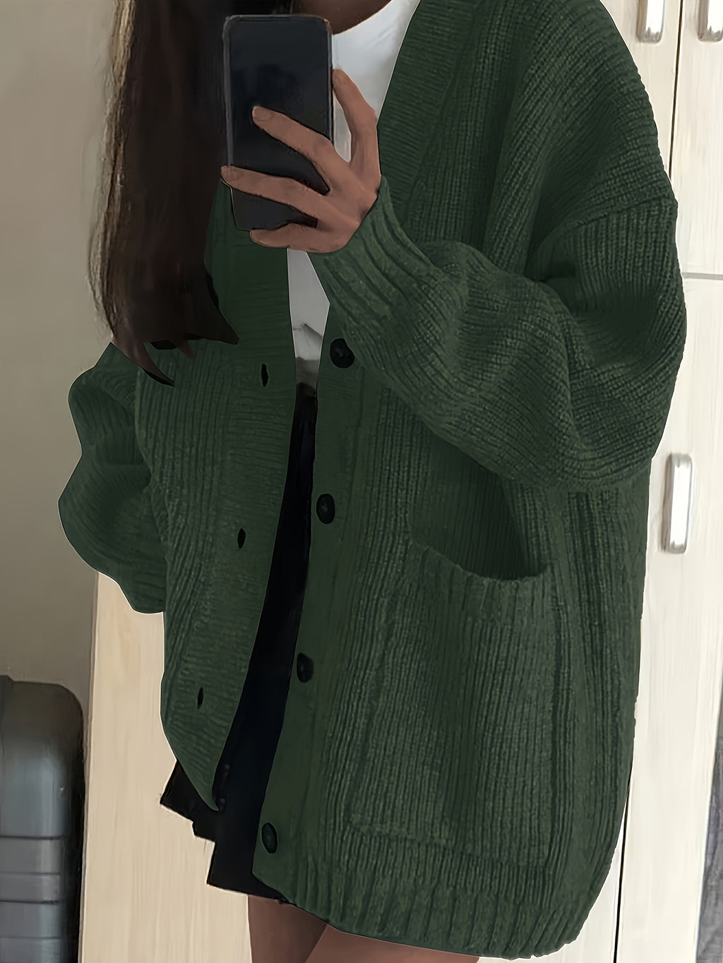 Casual V-Neck Single-Button Sweater Women'S Fall Winter Outerwear Top - Green