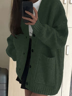 Casual V-Neck Single-Button Sweater Women'S Fall Winter Outerwear Top - Green