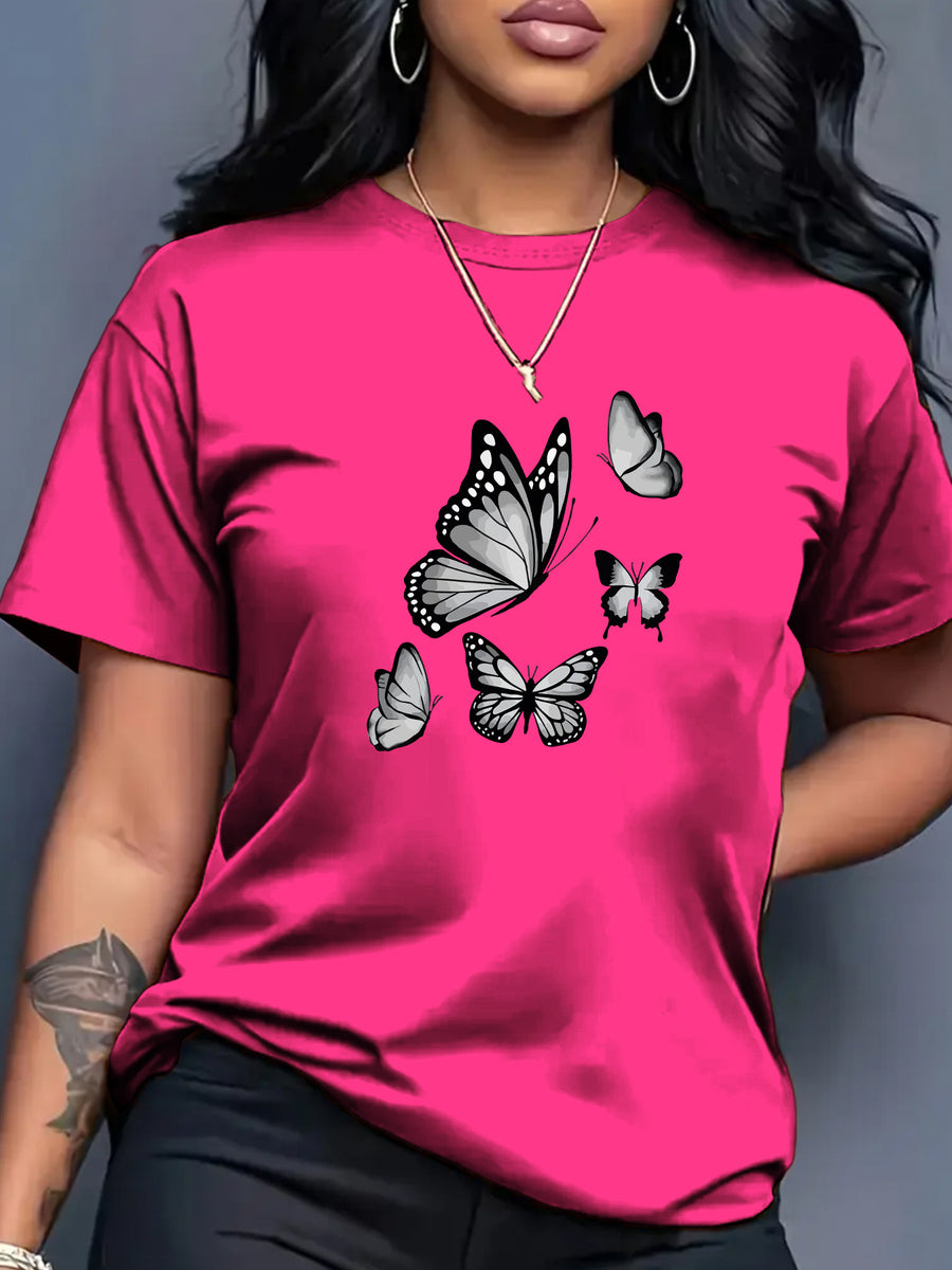 Spring And Summer Trendy Butterfly Print Women'S Casual Fashion Round Neck Short Sleeve T-Shirt, a Stylish Top for - Rose Red