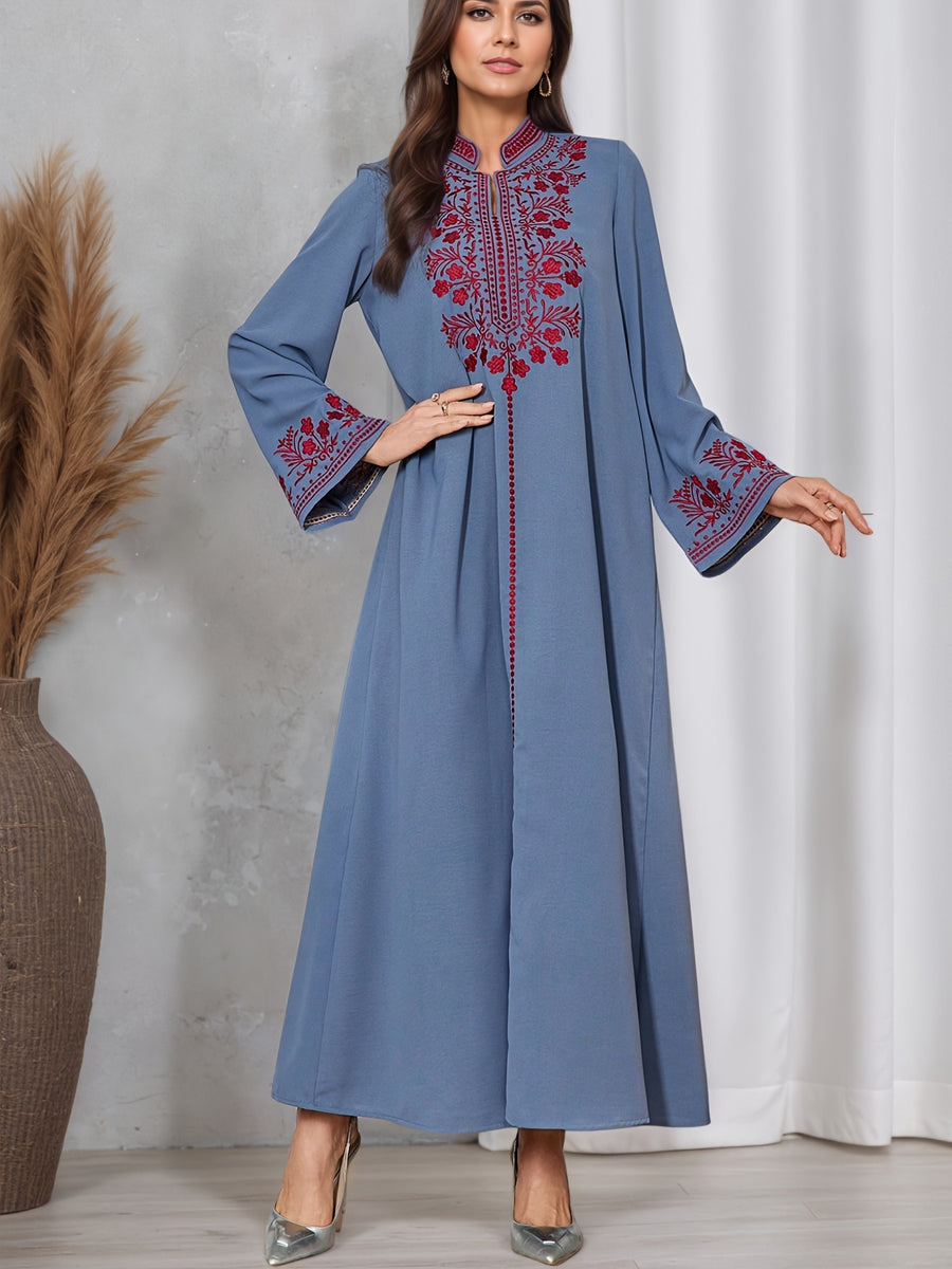 2026 New European, American, Muslim, Middle Eastern Fashionable And Elegant Gold Plated Lace Lace Long Sleeve Robe Dress - Royal Blue