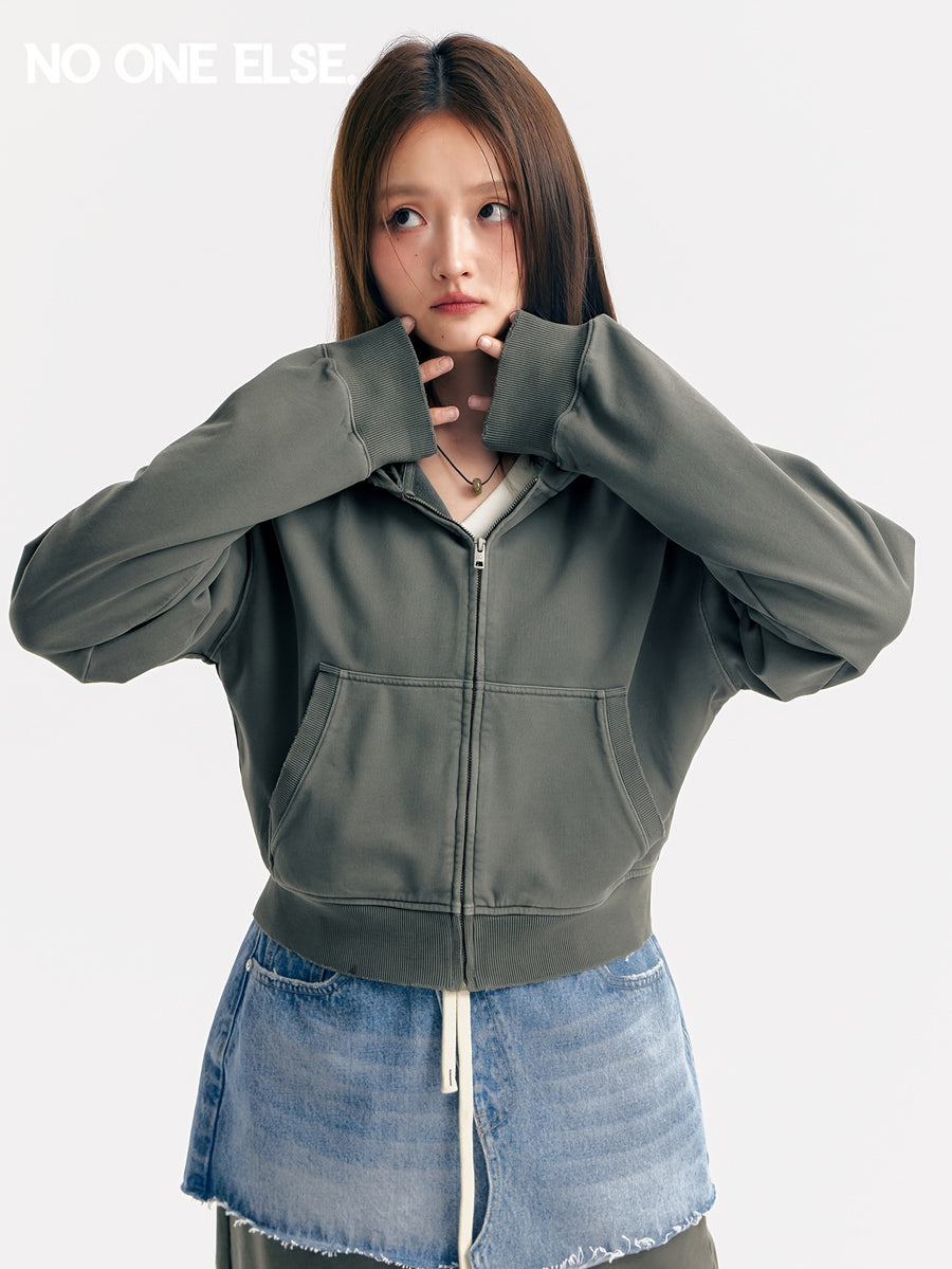 NO ONE ELSE Hooded Sweatshirt Jacket Women'S Spring Autumn Distressed Kangaroo Pocket Long Sleeve Baseball Top - Carbon Ink Gray