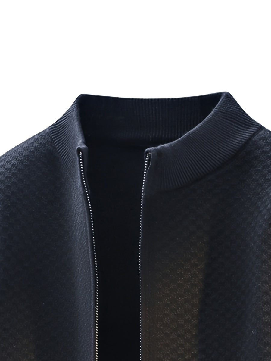 New Autumn And Winter Men'S Stand-Up Collar Knitted Cardigan with Lazy Style, Solid Color Sweater Jacket, Casual And Fashionable Outerwear - Black