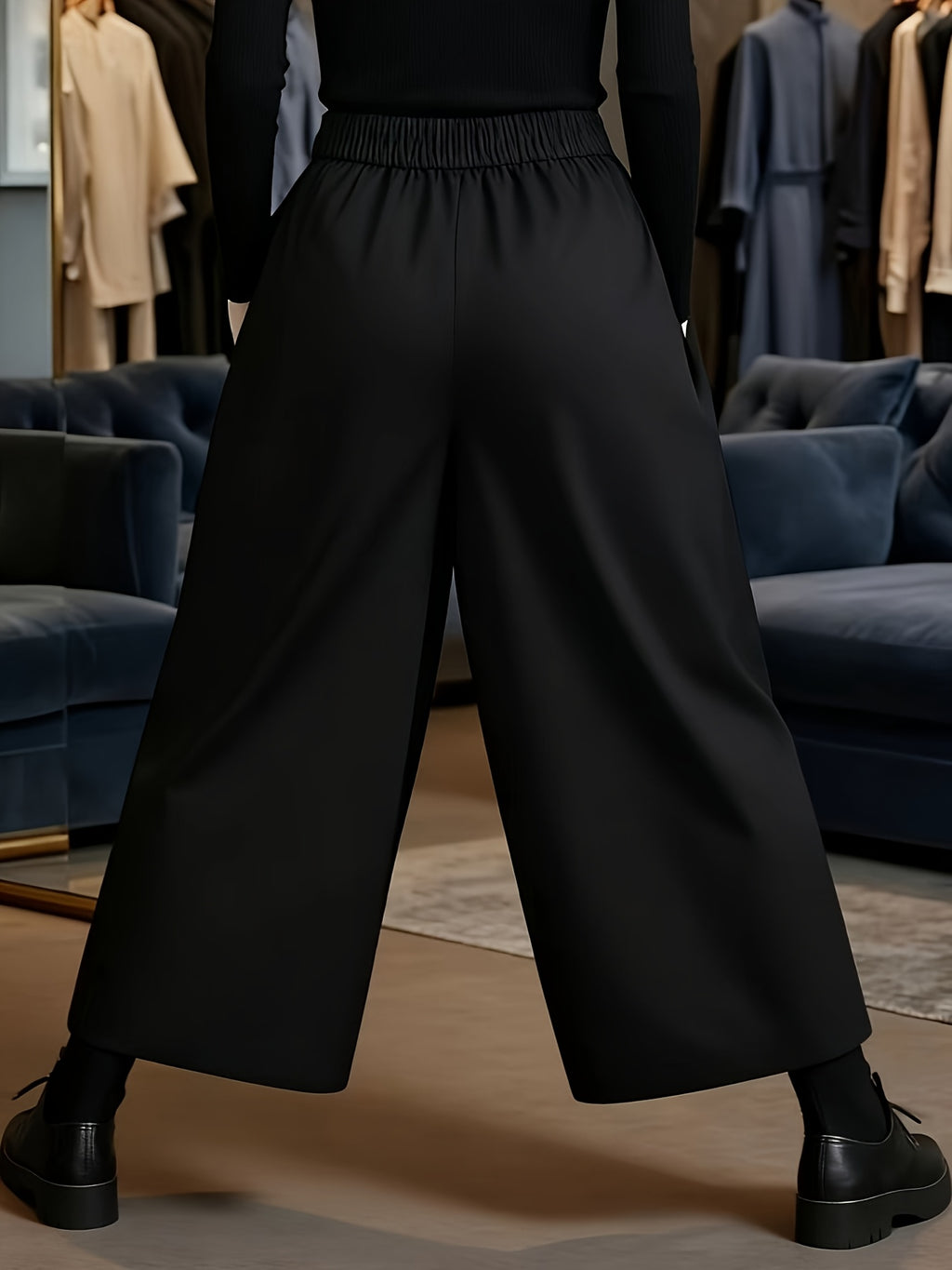 Women's Loose Ankle Pants, Fashion Elastic Waist Wide Leg Trousers - Black