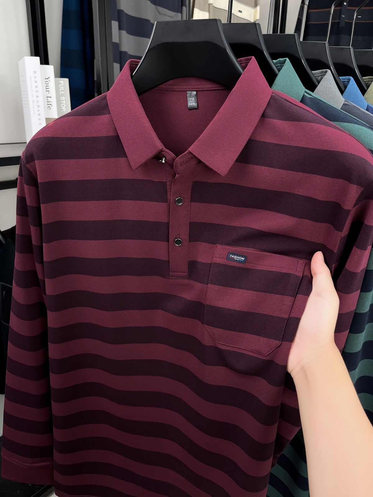 Minimalist Urban Striped Long-Sleeve Polo Shirt for Portable Daily Commuting - Red