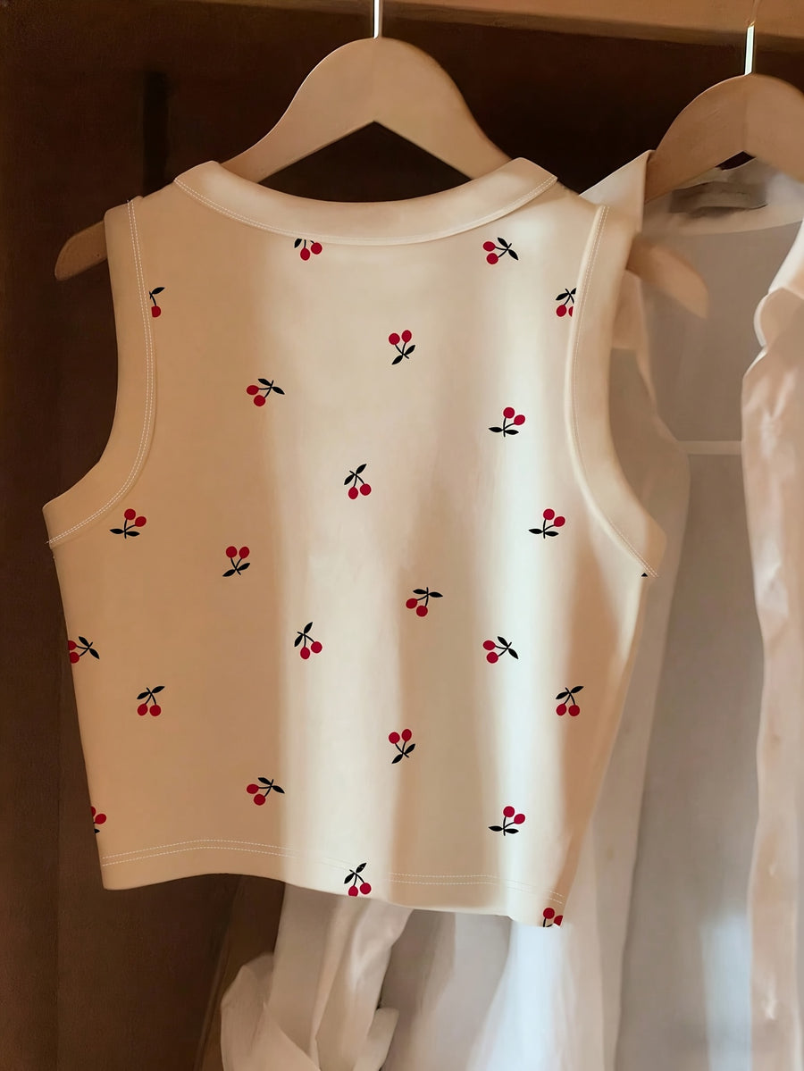 Women's Fashion Cherry Print Tank Top - White