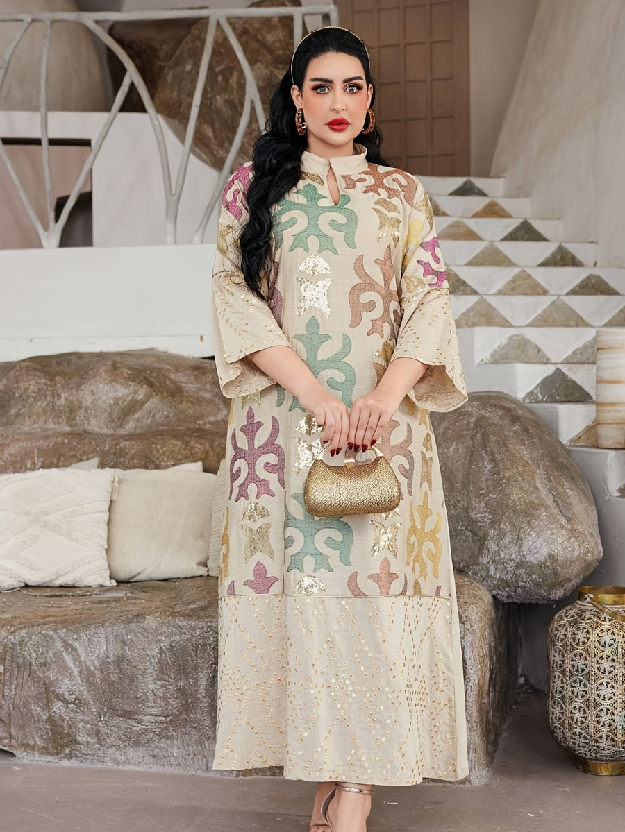 Elegant Multi-Color Directional Heavy Industry Golden Colorful Beaded Arabic Women's Dress, 2026 Summer/Autumn Women's Holiday Party Attire, Jalabiya Small V-Neck Long Sleeve Colorful Geometric Pattern Black Robe, Fashionable, Elegant - Apricot